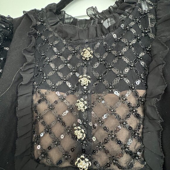 Self-Portrait Mini Dress Black Crepe LBD Puff Sleeves Lace Embellished Bib Sz 6 - Picture 6 of 9